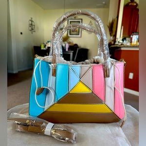 Geometric 3D Symmetrical pink yellow and blue handbag